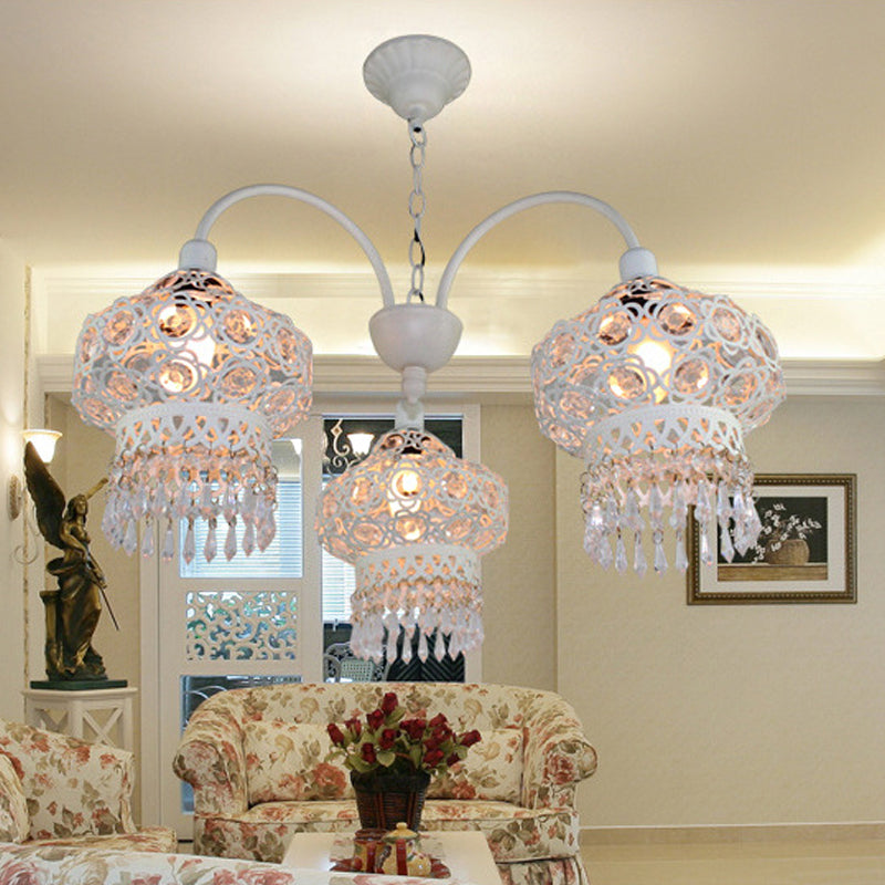 3-Head Beaded Lantern Chandelier Turkish White/Red Acrylic Hollowed-out Hanging Ceiling Light for Dining Room Clearhalo 'Ceiling Lights' 'Chandeliers' Lighting' options 1971419