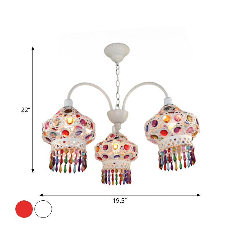 3-Head Beaded Lantern Chandelier Turkish White/Red Acrylic Hollowed-out Hanging Ceiling Light for Dining Room Clearhalo 'Ceiling Lights' 'Chandeliers' Lighting' options 1971421