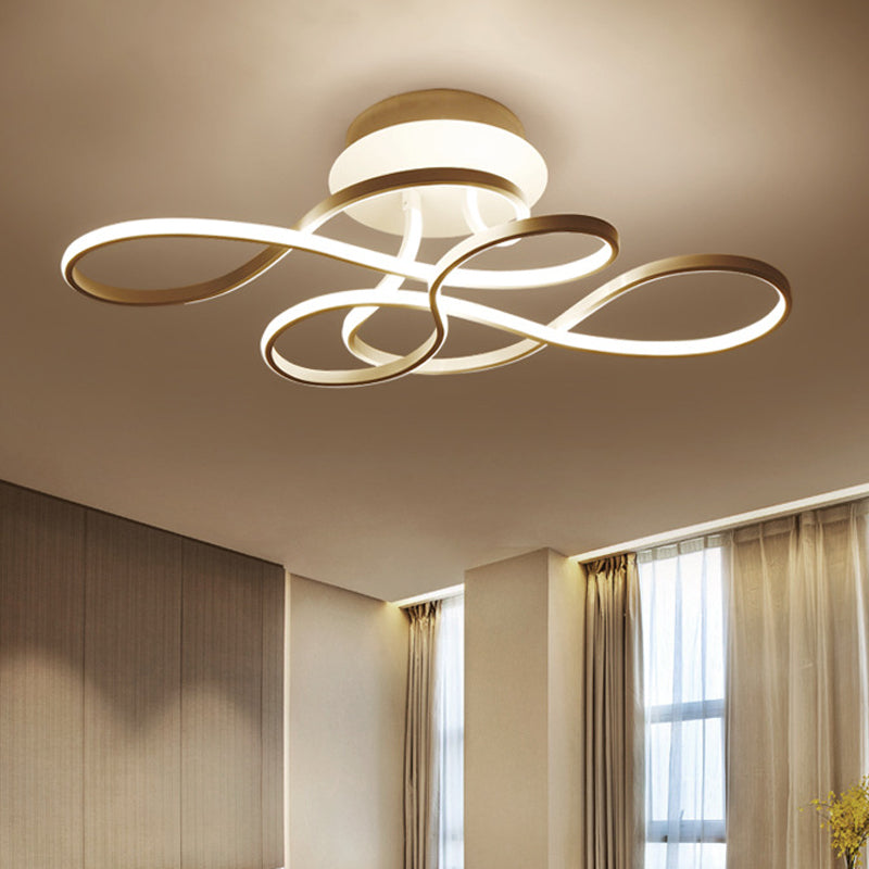 Curved Line Bedroom Ceiling Mount Lamp Aluminum 21"/27.5" Wide LED Simple Semi Flush Light in Gold, Warm/White Light Clearhalo 'Ceiling Lights' 'Close To Ceiling Lights' 'Close to ceiling' 'Semi-flushmount' Lighting' 1971471
