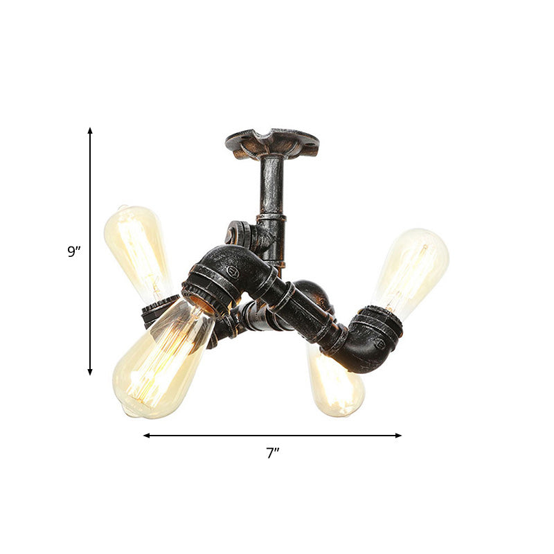 Water Pipe Metal Semi Flush Mount Vintage 3/4 Lights Indoor Ceiling Light Fixture in Antique Brass/Aged Silver/Antique Bronze Clearhalo 'Ceiling Lights' 'Close To Ceiling Lights' 'Close to ceiling' 'Semi-flushmount' Lighting' 1971622