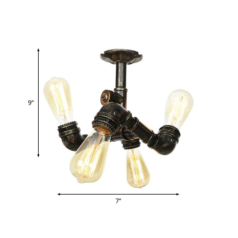 Water Pipe Metal Semi Flush Mount Vintage 3/4 Lights Indoor Ceiling Light Fixture in Antique Brass/Aged Silver/Antique Bronze Clearhalo 'Ceiling Lights' 'Close To Ceiling Lights' 'Close to ceiling' 'Semi-flushmount' Lighting' 1971624
