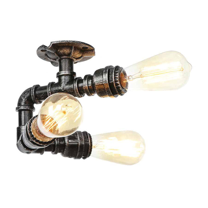 Water Pipe Metal Semi Flush Mount Vintage 3/4 Lights Indoor Ceiling Light Fixture in Antique Brass/Aged Silver/Antique Bronze Aged Silver B Clearhalo 'Ceiling Lights' 'Close To Ceiling Lights' 'Close to ceiling' 'Semi-flushmount' Lighting' 1971632