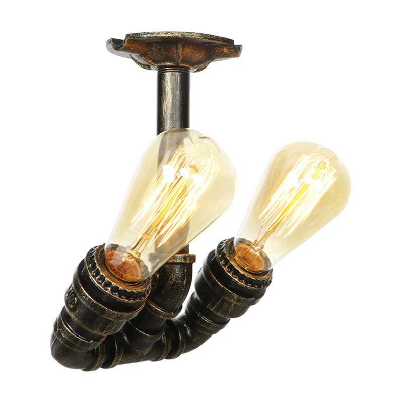 Tubing Indoor Semi Flush Industrial Metallic 2 Lights Antique Brass/Aged Silver/Antique Bronze Ceiling Mounted Light Antique Bronze A Clearhalo 'Ceiling Lights' 'Close To Ceiling Lights' 'Close to ceiling' 'Semi-flushmount' Lighting' 1971652