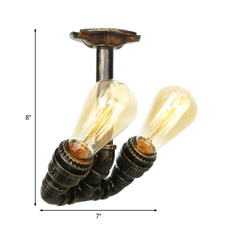 Tubing Indoor Semi Flush Industrial Metallic 2 Lights Antique Brass/Aged Silver/Antique Bronze Ceiling Mounted Light Clearhalo 'Ceiling Lights' 'Close To Ceiling Lights' 'Close to ceiling' 'Semi-flushmount' Lighting' 1971653