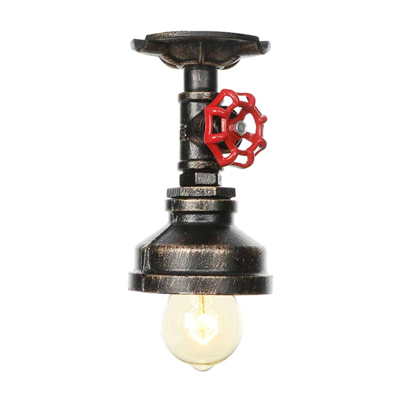 1 Light Exposed Bulb Semi Flush Mount Factory Antique Bronze/Aged Silver/Antique Brass Metallic Ceiling Light with Water Valve Antique Brass B Clearhalo 'Ceiling Lights' 'Close To Ceiling Lights' 'Close to ceiling' 'Semi-flushmount' Lighting' 1971707