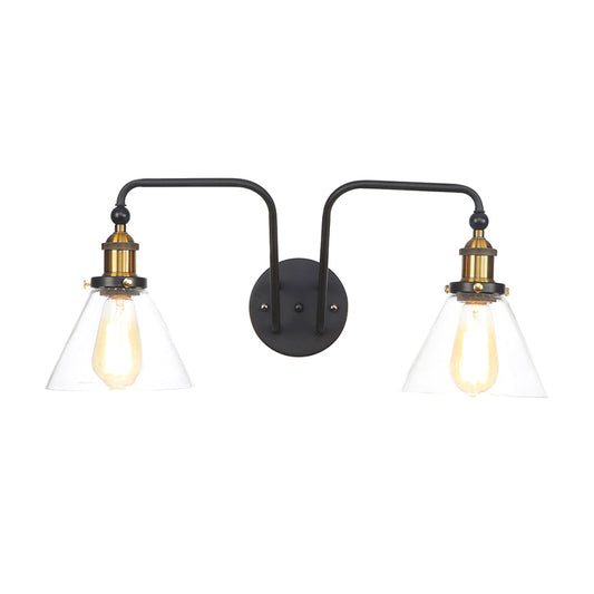 2 Lights Clear Glass Sconce Lamp Industrial Style Black Cone/Bowl Living Room Wall Lighting Idea Black Cone Clearhalo 'Cast Iron' 'Glass' 'Industrial wall lights' 'Industrial' 'Middle century wall lights' 'Modern' 'Tiffany' 'Traditional wall lights' 'Wall Lamps & Sconces' 'Wall Lights' Lighting' 1971805