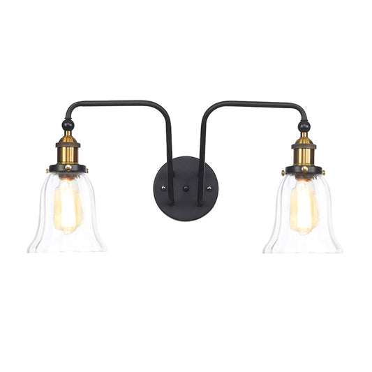 Pear/Bell Indoor Wall Mount Lamp Factory Clear Glass 2 Lights Sconce Light Fixture in Black Black Bell Clearhalo 'Cast Iron' 'Glass' 'Industrial wall lights' 'Industrial' 'Middle century wall lights' 'Modern' 'Tiffany' 'Traditional wall lights' 'Wall Lamps & Sconces' 'Wall Lights' Lighting' 1971810