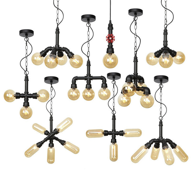 4 Lights Global Ceiling Chandelier Vintage Amber/Clear Glass Black Hanging Pendant Lamp Amber Clearhalo 'Ceiling Lights' 'Chandeliers' 'Clear' 'Glass shade' 'Glass' 'Industrial Chandeliers' 'Industrial' 'Middle Century Chandeliers' 'Modern' 'Pendant Lights' 'Tiffany' 'Traditional Chandeliers' Lighting' 1971822