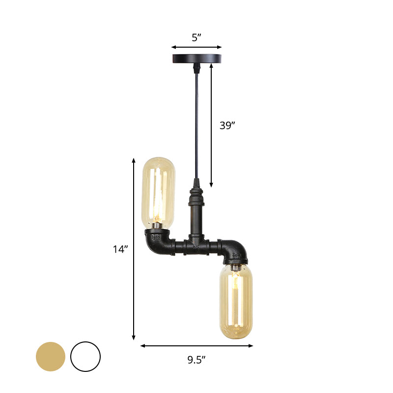 Black 2 Lights Ceiling Chandelier Steampunk Clear/Amber Glass Capsule Shaped Hanging Pendant Light Clearhalo 'Ceiling Lights' 'Chandeliers' 'Clear' 'Glass shade' 'Glass' 'Industrial Chandeliers' 'Industrial' 'Middle Century Chandeliers' 'Modern' 'Tiffany' 'Traditional Chandeliers' Lighting' 1971933