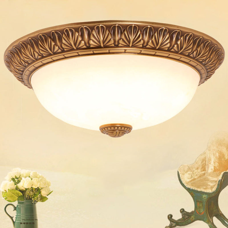 Cream Glass Bronze Flush Mount Light Flower/Leaf/Floral-Trimmed Bowl Traditional LED Ceiling Light Fixture, 12"/16" W Bronze Leaf Clearhalo 'Ceiling Lights' 'Close To Ceiling Lights' 'Close to ceiling' 'Flush mount' Lighting' 1972022