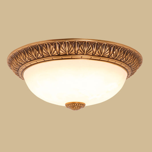 Cream Glass Bronze Flush Mount Light Flower/Leaf/Floral-Trimmed Bowl Traditional LED Ceiling Light Fixture, 12"/16" W Clearhalo 'Ceiling Lights' 'Close To Ceiling Lights' 'Close to ceiling' 'Flush mount' Lighting' 1972026