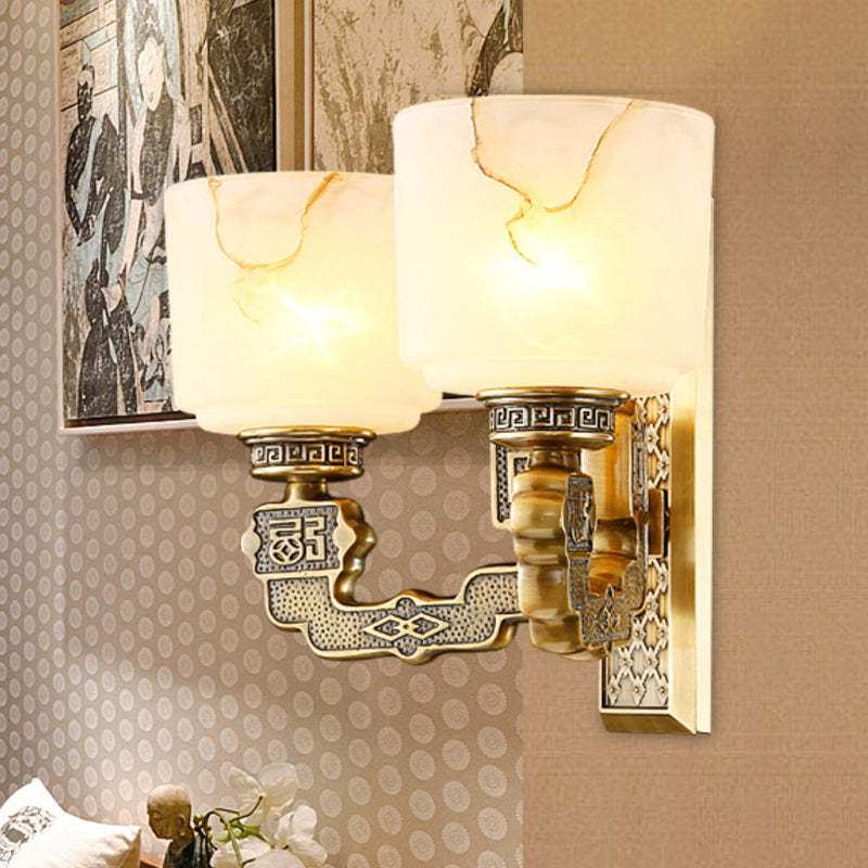 Antiqued Bronze 1/2-Light Wall Sconce Traditional Frosted Glass Cup Shaped Wall Light Fixture 2.0 Bronze Clearhalo 'Wall Lamps & Sconces' 'Wall Lights' Lighting' 1972131