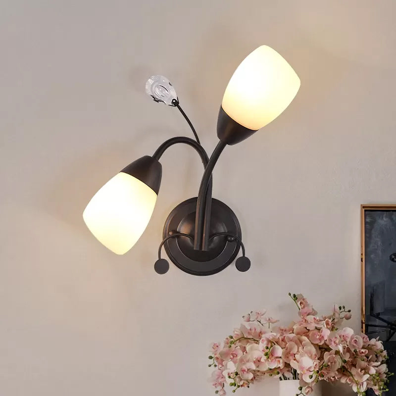 2-Head Tulip Wall Mount Light Countryside Black Ivory Glass Sconce Lamp with Crystal Accent Black B Clearhalo 'Wall Lamps & Sconces' 'Wall Lights' Lighting' 1972146