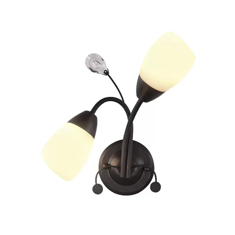 2-Head Tulip Wall Mount Light Countryside Black Ivory Glass Sconce Lamp with Crystal Accent Clearhalo 'Wall Lamps & Sconces' 'Wall Lights' Lighting' 1972149