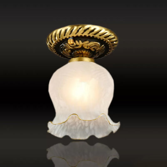 Single Floral Small Flushmount Rustic Brass Frosted White Glass Flush Mount Ceiling Light for Hallway White Clearhalo 'Ceiling Lights' 'Close To Ceiling Lights' 'Close to ceiling' 'Flush mount' Lighting' 1972177