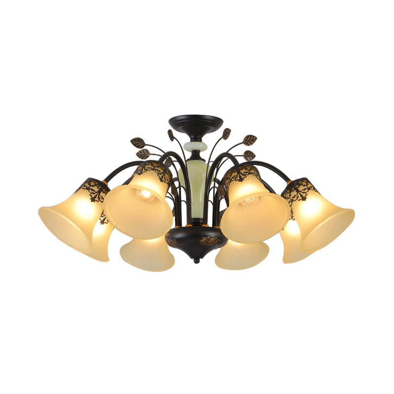 Frosted Glass Morning Glory Chandelier Farmhouse 3/6/8 Lights Living Room Ceiling Pendant in Black/White Clearhalo 'Ceiling Lights' 'Close To Ceiling Lights' 'Close to ceiling' 'Glass shade' 'Glass' 'Pendant Lights' 'Semi-flushmount' Lighting' 1972238