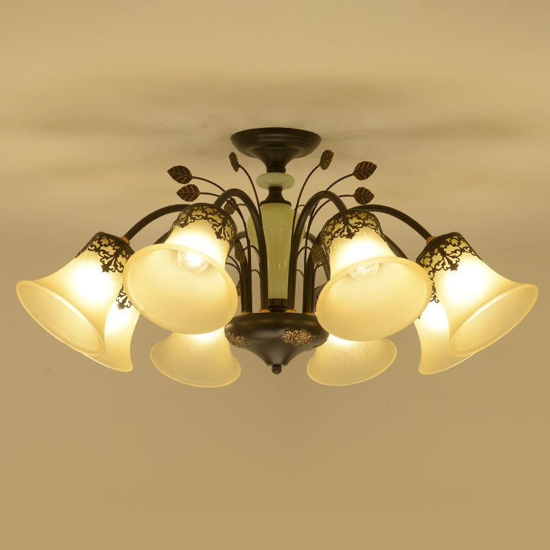 Frosted Glass Morning Glory Chandelier Farmhouse 3/6/8 Lights Living Room Ceiling Pendant in Black/White Clearhalo 'Ceiling Lights' 'Close To Ceiling Lights' 'Close to ceiling' 'Glass shade' 'Glass' 'Pendant Lights' 'Semi-flushmount' Lighting' 1972239