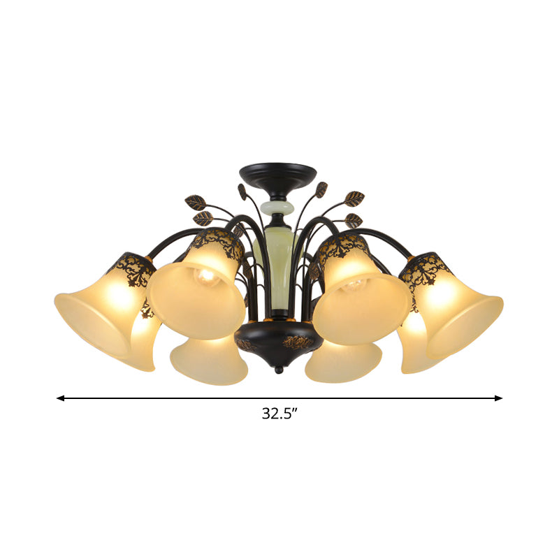 Frosted Glass Morning Glory Chandelier Farmhouse 3/6/8 Lights Living Room Ceiling Pendant in Black/White Clearhalo 'Ceiling Lights' 'Close To Ceiling Lights' 'Close to ceiling' 'Glass shade' 'Glass' 'Pendant Lights' 'Semi-flushmount' Lighting' 1972240