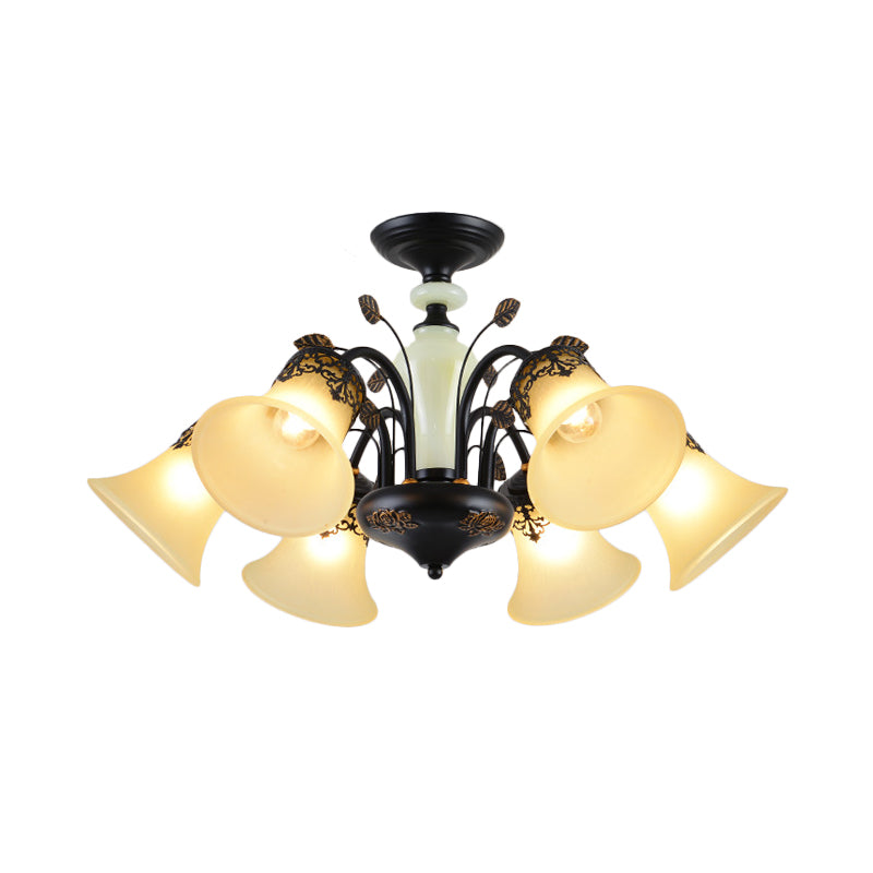 Frosted Glass Morning Glory Chandelier Farmhouse 3/6/8 Lights Living Room Ceiling Pendant in Black/White Clearhalo 'Ceiling Lights' 'Close To Ceiling Lights' 'Close to ceiling' 'Glass shade' 'Glass' 'Pendant Lights' 'Semi-flushmount' Lighting' 1972242