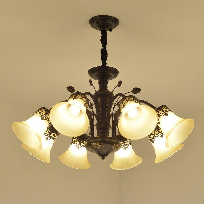 Frosted Glass Morning Glory Chandelier Farmhouse 3/6/8 Lights Living Room Ceiling Pendant in Black/White Clearhalo 'Ceiling Lights' 'Close To Ceiling Lights' 'Close to ceiling' 'Glass shade' 'Glass' 'Pendant Lights' 'Semi-flushmount' Lighting' 1972250