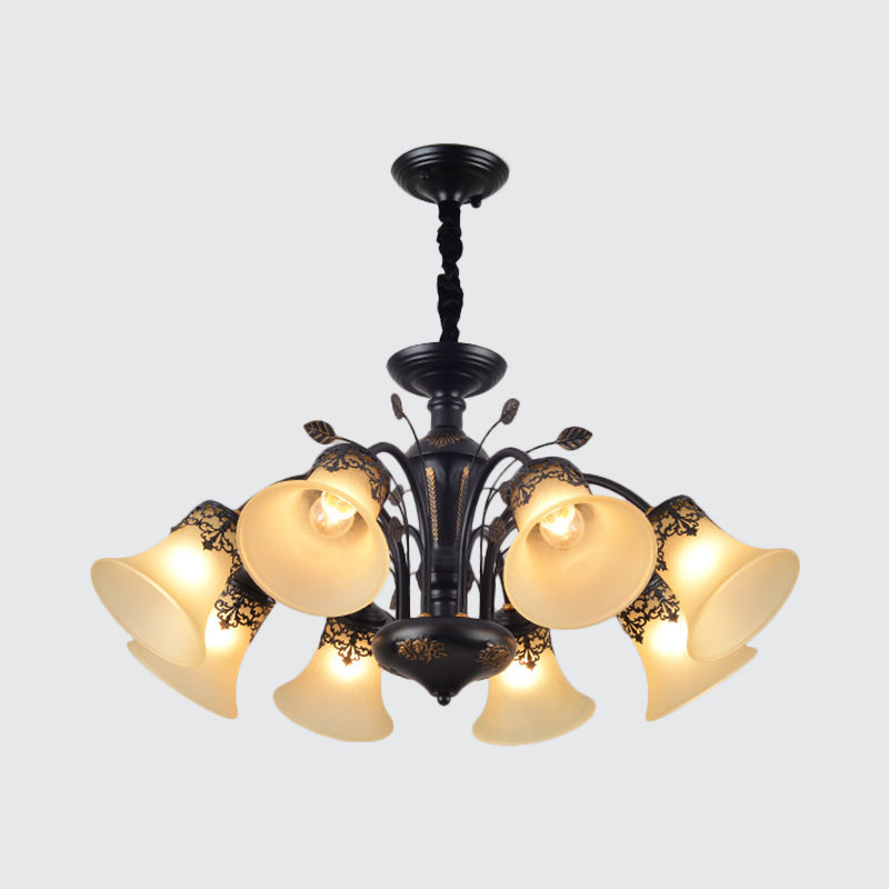 Frosted Glass Morning Glory Chandelier Farmhouse 3/6/8 Lights Living Room Ceiling Pendant in Black/White Clearhalo 'Ceiling Lights' 'Close To Ceiling Lights' 'Close to ceiling' 'Glass shade' 'Glass' 'Pendant Lights' 'Semi-flushmount' Lighting' 1972252