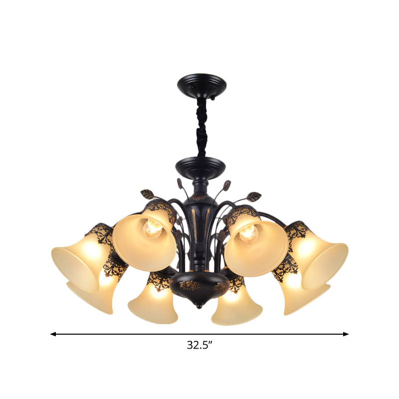 Frosted Glass Morning Glory Chandelier Farmhouse 3/6/8 Lights Living Room Ceiling Pendant in Black/White Clearhalo 'Ceiling Lights' 'Close To Ceiling Lights' 'Close to ceiling' 'Glass shade' 'Glass' 'Pendant Lights' 'Semi-flushmount' Lighting' 1972253