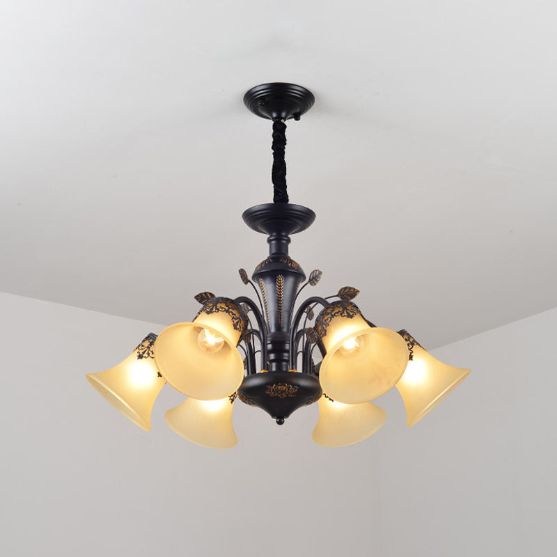 Frosted Glass Morning Glory Chandelier Farmhouse 3/6/8 Lights Living Room Ceiling Pendant in Black/White Clearhalo 'Ceiling Lights' 'Close To Ceiling Lights' 'Close to ceiling' 'Glass shade' 'Glass' 'Pendant Lights' 'Semi-flushmount' Lighting' 1972255