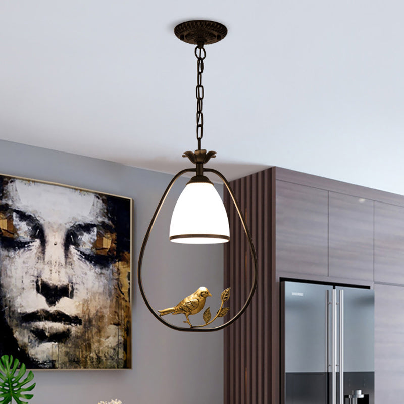 Rustic Oval/Round Pendulum Light 1 Bulb Metal Pendant Lamp in Black with Bell White Glass Shade and Bird Decoration Clearhalo 'Ceiling Lights' 'Pendant Lights' 'Pendants' Lighting' 1972263