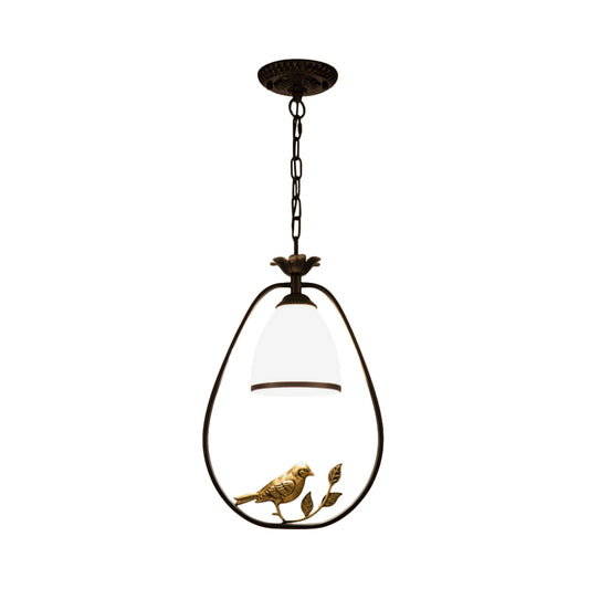 Rustic Oval/Round Pendulum Light 1 Bulb Metal Pendant Lamp in Black with Bell White Glass Shade and Bird Decoration Clearhalo 'Ceiling Lights' 'Pendant Lights' 'Pendants' Lighting' 1972264