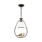 Rustic Oval/Round Pendulum Light 1 Bulb Metal Pendant Lamp in Black with Bell White Glass Shade and Bird Decoration Clearhalo 'Ceiling Lights' 'Pendant Lights' 'Pendants' Lighting' 1972264