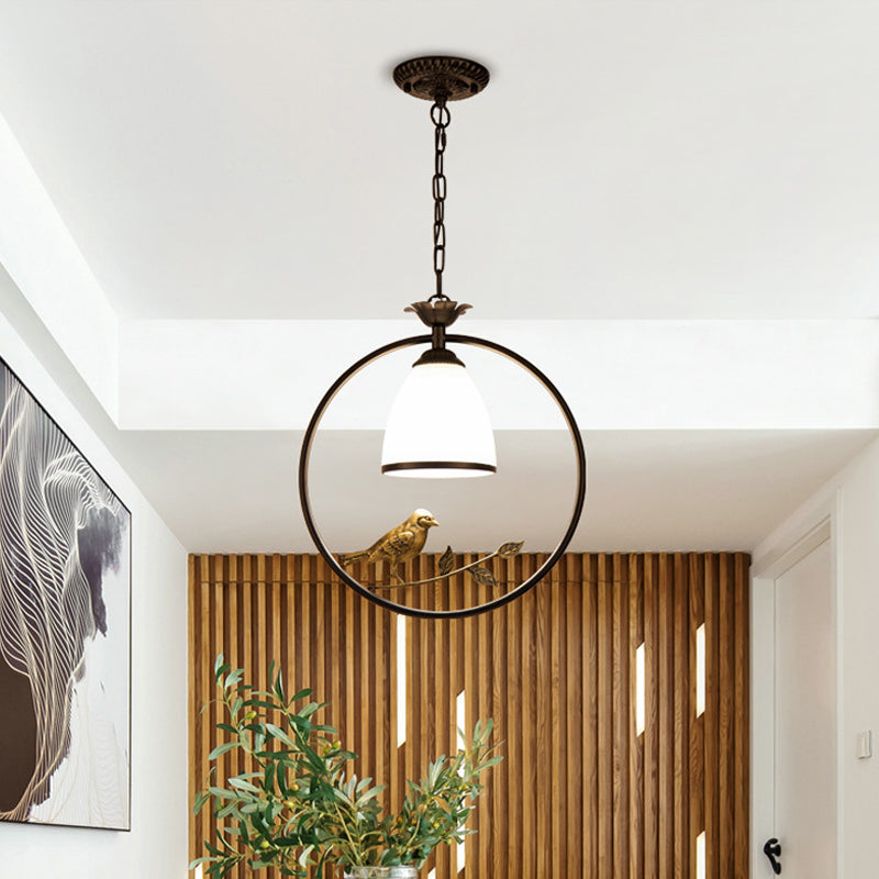 Rustic Oval/Round Pendulum Light 1 Bulb Metal Pendant Lamp in Black with Bell White Glass Shade and Bird Decoration Clearhalo 'Ceiling Lights' 'Pendant Lights' 'Pendants' Lighting' 1972268