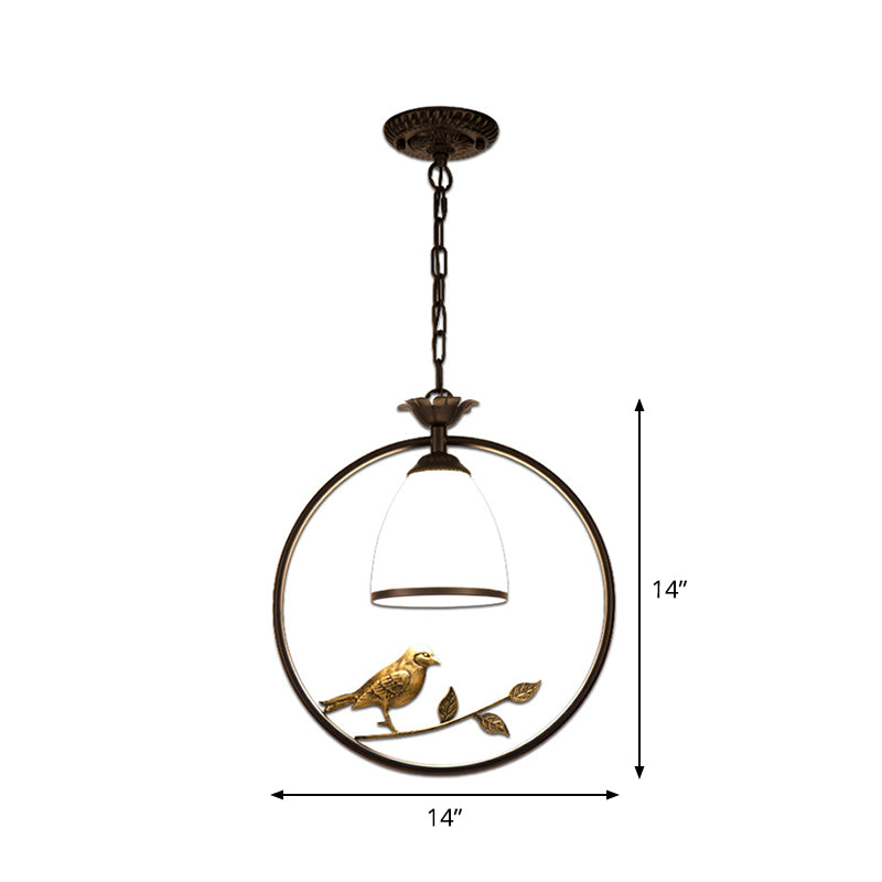 Rustic Oval/Round Pendulum Light 1 Bulb Metal Pendant Lamp in Black with Bell White Glass Shade and Bird Decoration Clearhalo 'Ceiling Lights' 'Pendant Lights' 'Pendants' Lighting' 1972271