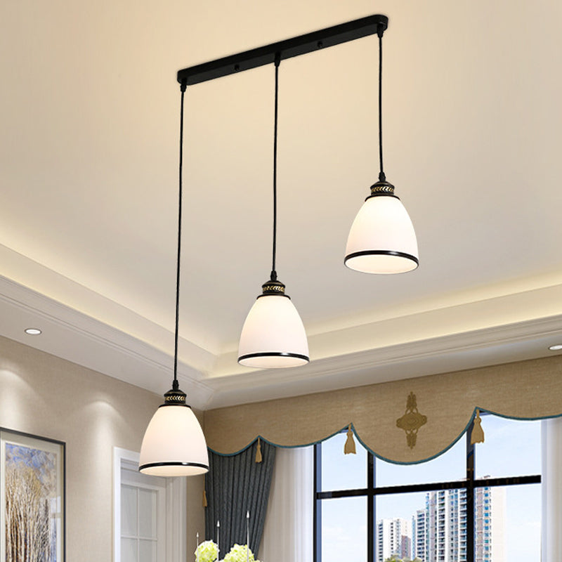 Minimalist Bell Cluster Pendant 3 Lights Ivory Glass Hanging Lamp with Round/Linear Canopy in Black Black Linear Clearhalo 'Ceiling Lights' 'Close To Ceiling Lights' 'Glass shade' 'Glass' 'Pendant Lights' 'Pendants' Lighting' 1972272