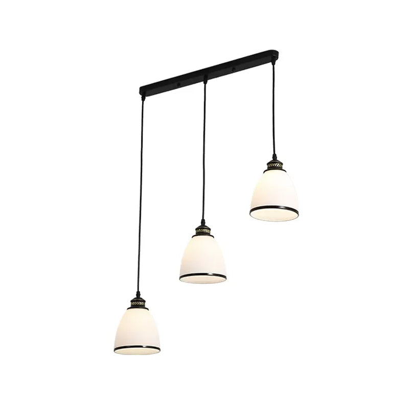 Minimalist Bell Cluster Pendant 3 Lights Ivory Glass Hanging Lamp with Round/Linear Canopy in Black Clearhalo 'Ceiling Lights' 'Close To Ceiling Lights' 'Glass shade' 'Glass' 'Pendant Lights' 'Pendants' Lighting' 1972274