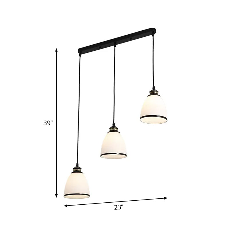 Minimalist Bell Cluster Pendant 3 Lights Ivory Glass Hanging Lamp with Round/Linear Canopy in Black Clearhalo 'Ceiling Lights' 'Close To Ceiling Lights' 'Glass shade' 'Glass' 'Pendant Lights' 'Pendants' Lighting' 1972275