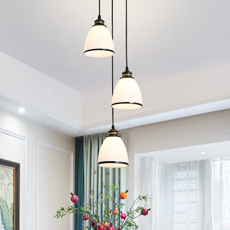 Minimalist Bell Cluster Pendant 3 Lights Ivory Glass Hanging Lamp with Round/Linear Canopy in Black Black Round Clearhalo 'Ceiling Lights' 'Close To Ceiling Lights' 'Glass shade' 'Glass' 'Pendant Lights' 'Pendants' Lighting' 1972276