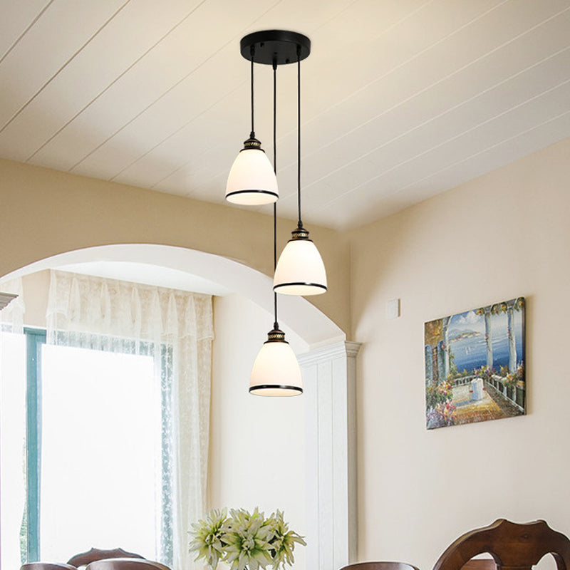 Minimalist Bell Cluster Pendant 3 Lights Ivory Glass Hanging Lamp with Round/Linear Canopy in Black Clearhalo 'Ceiling Lights' 'Close To Ceiling Lights' 'Glass shade' 'Glass' 'Pendant Lights' 'Pendants' Lighting' 1972277