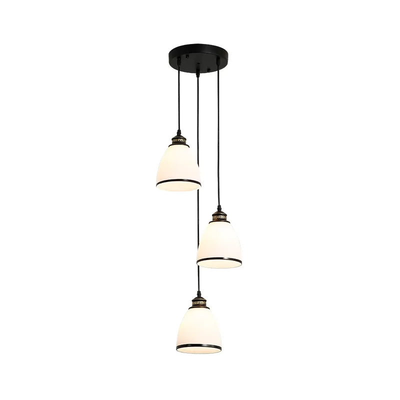Minimalist Bell Cluster Pendant 3 Lights Ivory Glass Hanging Lamp with Round/Linear Canopy in Black Clearhalo 'Ceiling Lights' 'Close To Ceiling Lights' 'Glass shade' 'Glass' 'Pendant Lights' 'Pendants' Lighting' 1972278