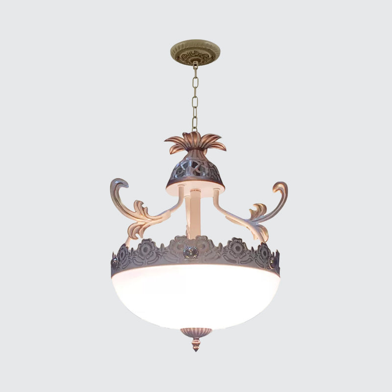 Traditional Dome Pendant Light Fixture 12"/16"/19.5" Wide 3 Heads Hand-Worked White Glass Chandelier Lamp Clearhalo 'Ceiling Lights' 'Chandeliers' Lighting' options 1972300