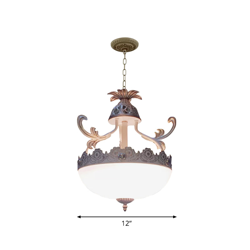 Traditional Dome Pendant Light Fixture 12"/16"/19.5" Wide 3 Heads Hand-Worked White Glass Chandelier Lamp Clearhalo 'Ceiling Lights' 'Chandeliers' Lighting' options 1972301