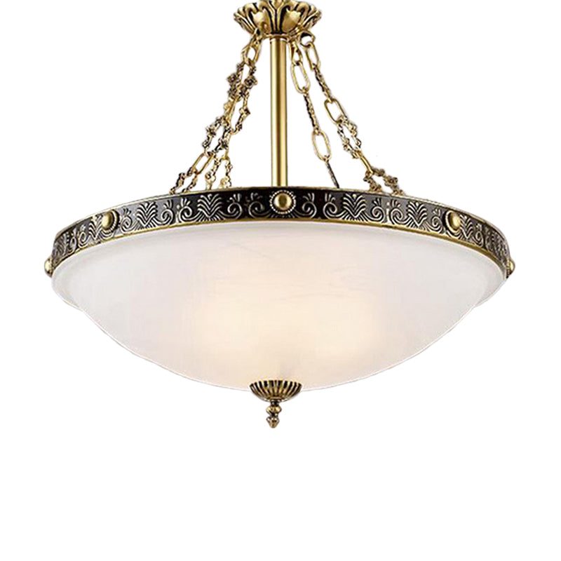 White Glass Bowl Chandelier Pendant Antique 3 Bulbs 12"/16"/19.5" Wide Living Room Ceiling Suspension Lamp in Brass Clearhalo 'Ceiling Lights' 'Chandeliers' Lighting' options 1972305