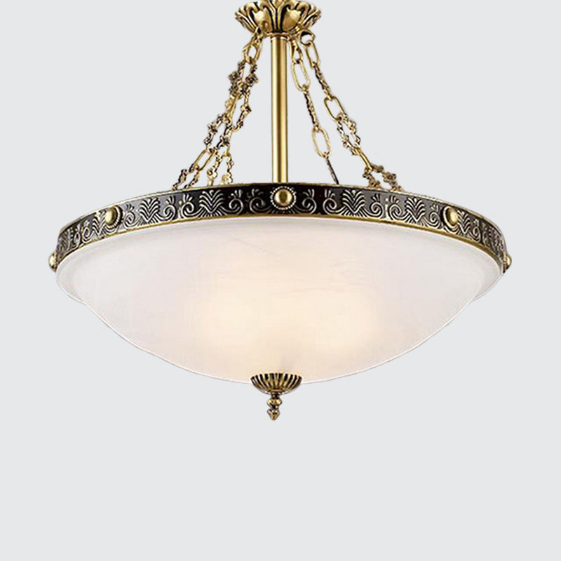 White Glass Bowl Chandelier Pendant Antique 3 Bulbs 12"/16"/19.5" Wide Living Room Ceiling Suspension Lamp in Brass Clearhalo 'Ceiling Lights' 'Chandeliers' Lighting' options 1972306