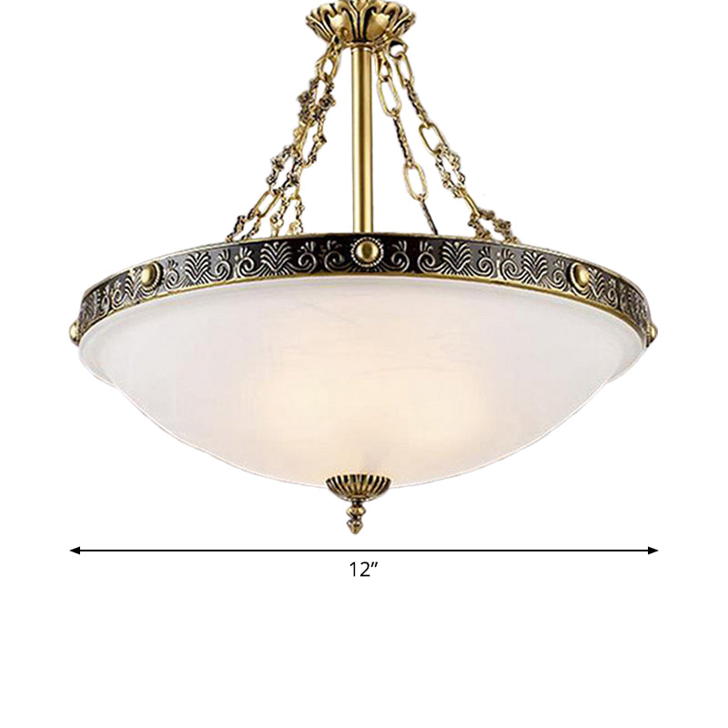 White Glass Bowl Chandelier Pendant Antique 3 Bulbs 12"/16"/19.5" Wide Living Room Ceiling Suspension Lamp in Brass Clearhalo 'Ceiling Lights' 'Chandeliers' Lighting' options 1972307