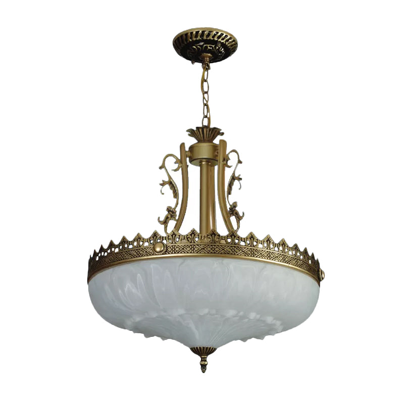 White Glass Bowl Chandelier Pendant Antique 3 Bulbs 12"/16"/19.5" Wide Living Room Ceiling Suspension Lamp in Brass Clearhalo 'Ceiling Lights' 'Chandeliers' Lighting' options 1972310