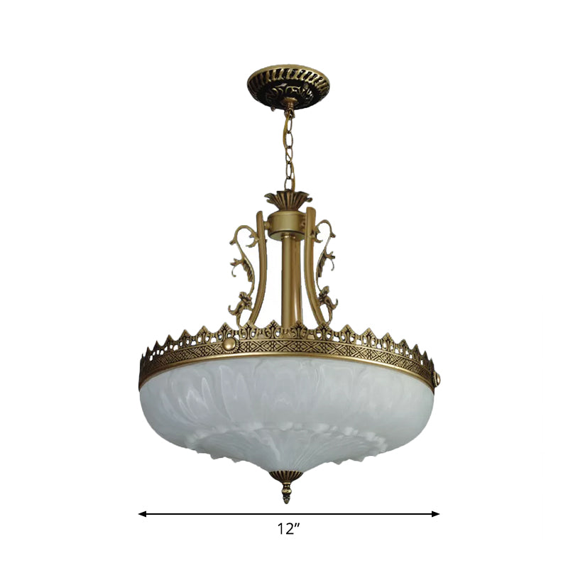 White Glass Bowl Chandelier Pendant Antique 3 Bulbs 12"/16"/19.5" Wide Living Room Ceiling Suspension Lamp in Brass Clearhalo 'Ceiling Lights' 'Chandeliers' Lighting' options 1972311