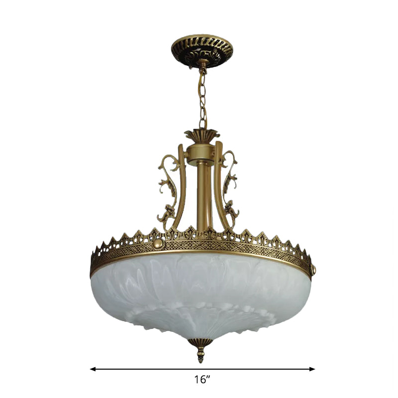 White Glass Bowl Chandelier Pendant Antique 3 Bulbs 12"/16"/19.5" Wide Living Room Ceiling Suspension Lamp in Brass Clearhalo 'Ceiling Lights' 'Chandeliers' Lighting' options 1972312