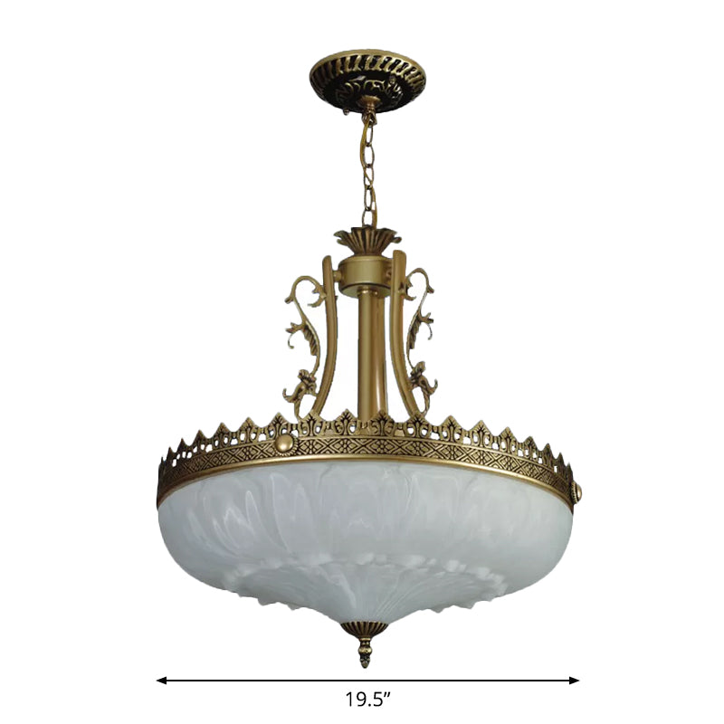 White Glass Bowl Chandelier Pendant Antique 3 Bulbs 12"/16"/19.5" Wide Living Room Ceiling Suspension Lamp in Brass Clearhalo 'Ceiling Lights' 'Chandeliers' Lighting' options 1972313