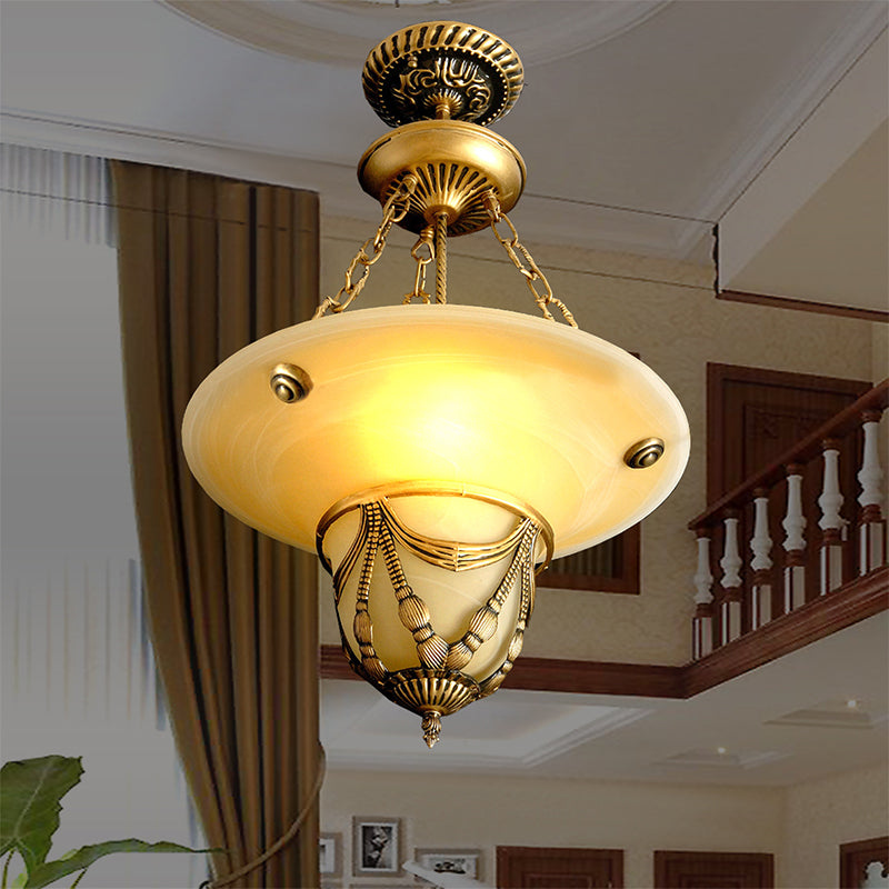 3-Light White Glass Chandelier Traditional Brass Inverted Hat Shaped Living Room Drop Lamp, 12"/16"/19.5" W Clearhalo 'Ceiling Lights' 'Chandeliers' Lighting' options 1972314