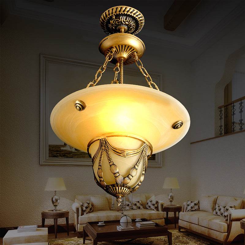 3-Light White Glass Chandelier Traditional Brass Inverted Hat Shaped Living Room Drop Lamp, 12"/16"/19.5" W Clearhalo 'Ceiling Lights' 'Chandeliers' Lighting' options 1972315