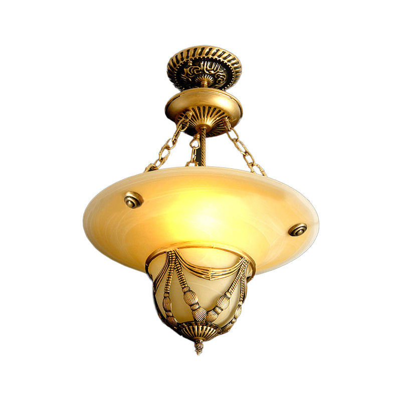 3-Light White Glass Chandelier Traditional Brass Inverted Hat Shaped Living Room Drop Lamp, 12"/16"/19.5" W Clearhalo 'Ceiling Lights' 'Chandeliers' Lighting' options 1972316